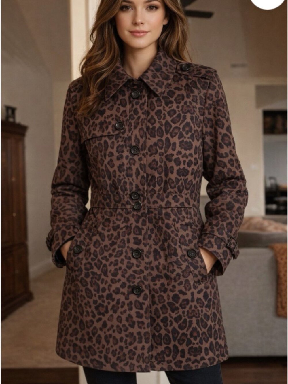 London Fog Brown Black Leopard Print Button Up Buckle Sleeve Trench Coat Size S